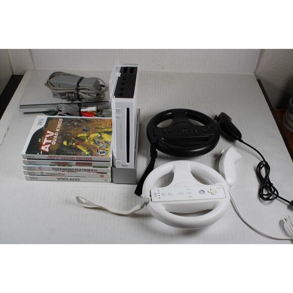 Nintendo Other - Nintendo Wii Console Bundle RVL-001 Gamecube Compatible White, 5 games, 2 wheels